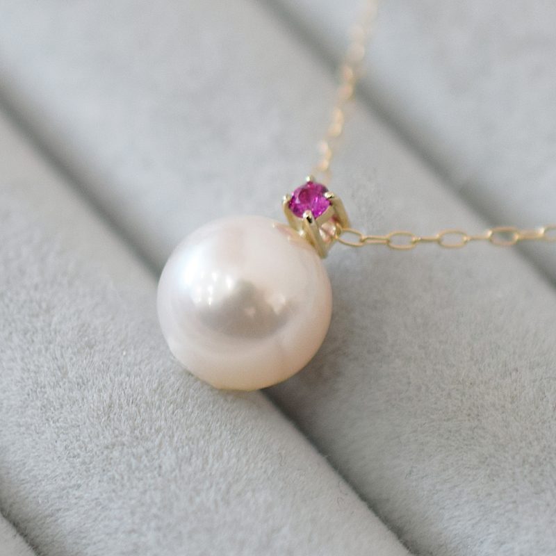 S085-553_あこや真珠 ペンダント ネックレス K10 8mm - 8.5mm 天草 熊本 ホワイトピンク 誕生石 7月 ルビー 半貴石 本真珠