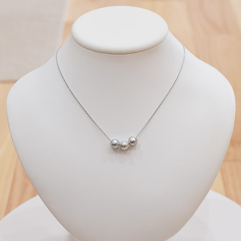 S101-373_あこや真珠 バロックパール 8mm - 9mm 3粒 スルーネックレス ネックレス SV925 シルバー925 あずきチェーン 真珠 ミラーボール【C:なし】 C：ミラーボールなし
