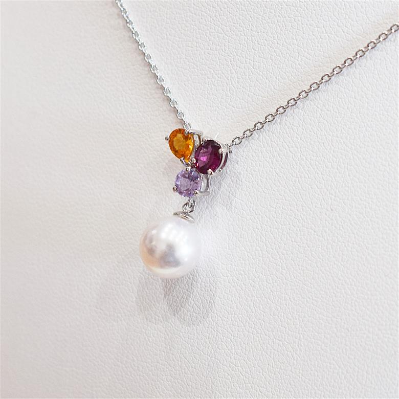 S101-398_あこや真珠 天草 ネックレス 9mm - 9.5mm ホワイトピンク 真珠 (半貴石 シトリン ロードライトガーネット ライトアメジスト)