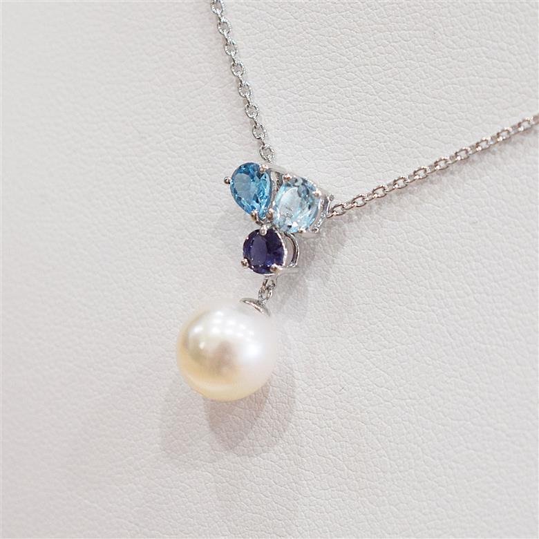 S101-399_あこや真珠 天草 ネックレス 9mm - 9.5mm ホワイトピンク 真珠 (半貴石  スカイブルートパーズ ブルートパーズ アイオライト)