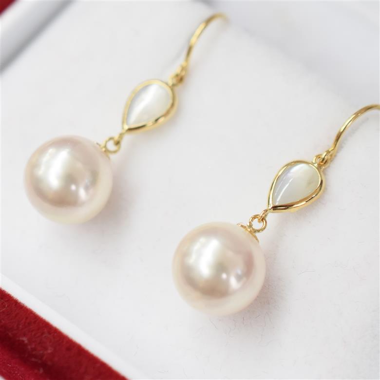 S101-417_あこや真珠 天草 ピアス シェル 8mm - 8.5mm ドロップ ホワイトピンク K18 K14 YG WG