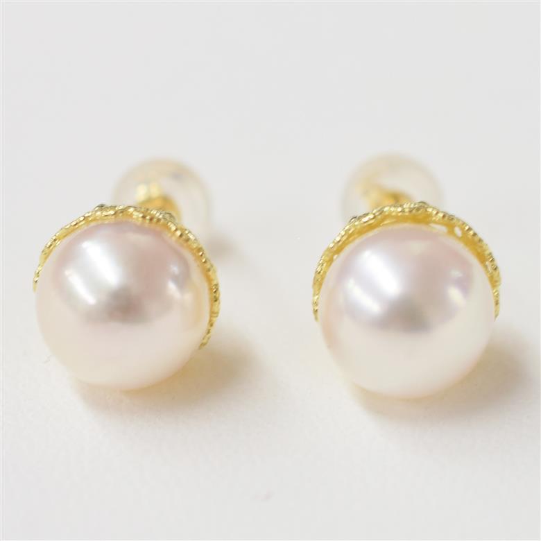 S101-426_あこや真珠 天草 熊本 ピアス 菊皿 8mm - 8.5mm 花型 ホワイトピンク K18 K14 本真珠