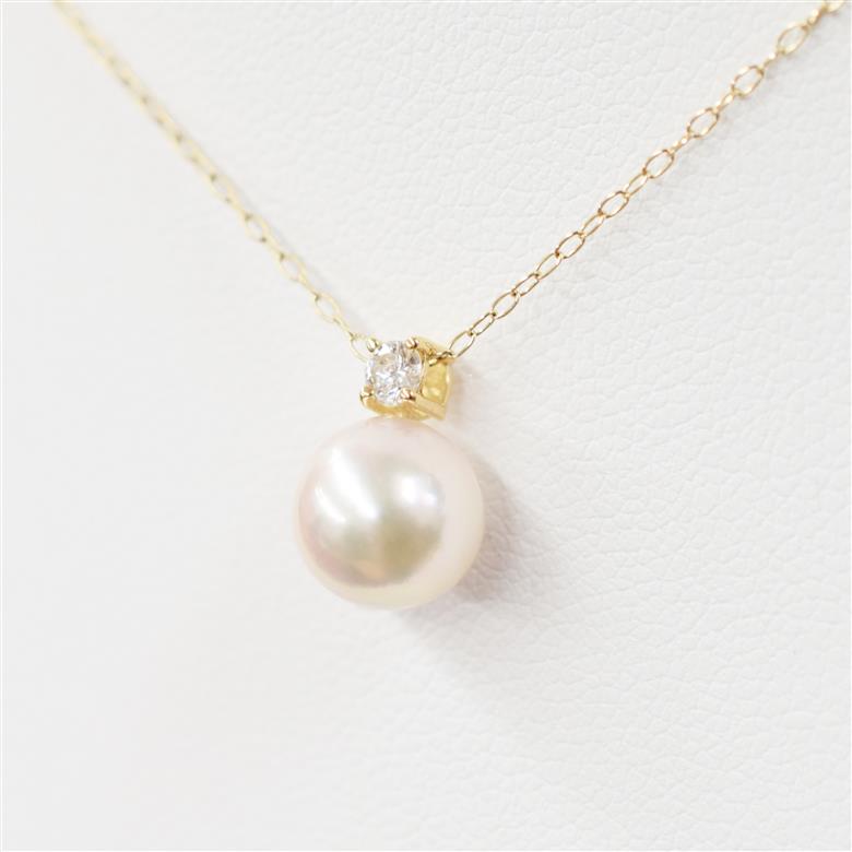 S101-438_あこや真珠 天草 ネックレス ダイヤモンド ペンダント 8mm - 8.5mm ホワイトピンク 0.1ct 0.09ct