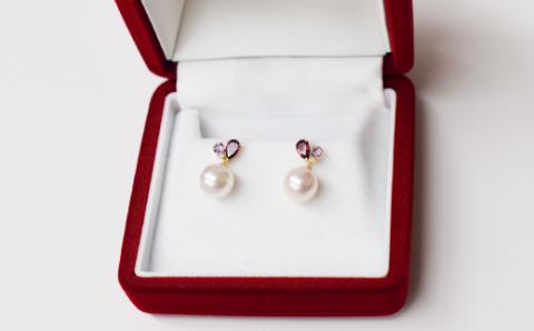 S085-300_7.5-8mm ロードライトガーネット アメジスト ホワイトトパーズ 半貴石 真珠 花珠級 スタッド ピアス 落ちない 揺れる ブラ 18k 18金 金 【K18YG】