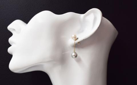 【K18YG】S085-350_NEW 天草産 7.5mm - 8mm × 8mm - 8.5mm 18K ホワイト ピンク ナチュラル あこや真珠 ピアス L字 ダブルパールピアス K18YG