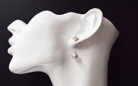 【K14WG】S085-351_NEW 天草産 7.5mm - 8mm × 8mm - 8.5mm 18K ホワイト ピンク ナチュラル あこや真珠 ピアス L字 ダブルパールピアス K14WG