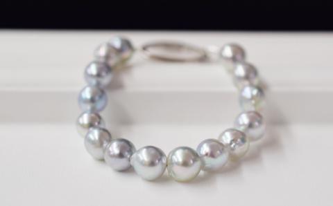 S101-059_天草産 9mm - 10mm ナチュラル ブルー バロック あこや真珠 パール ブレスレット