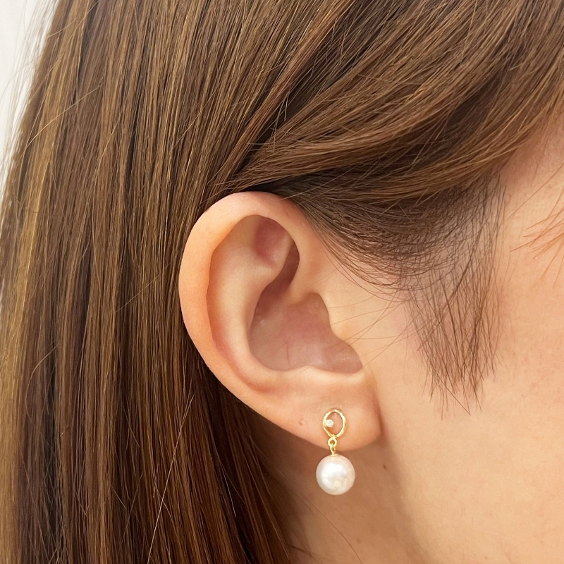 S085-489_あこや真珠 天草 ピアス ダイヤモンド 揺れる 0.01ct K18 K14 7.5mm - 8mm ホワイトピンク 真珠