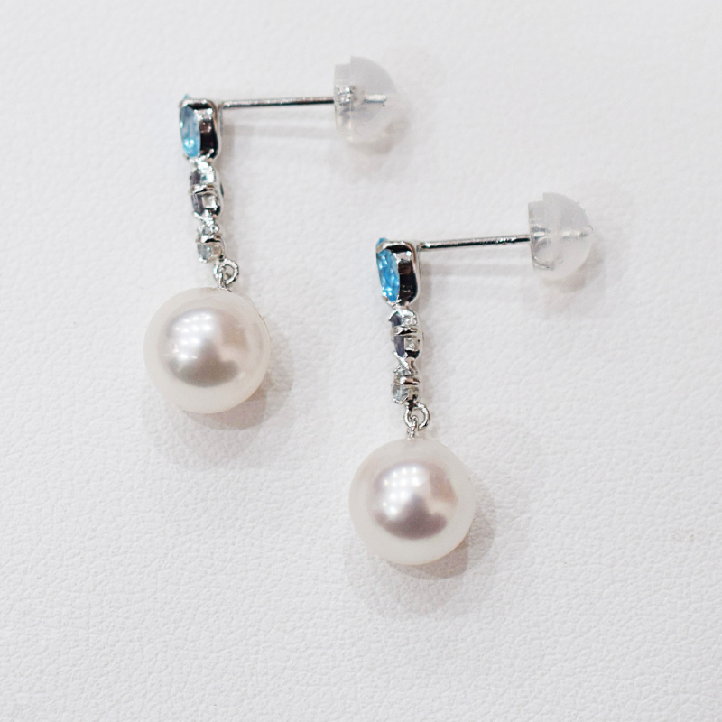 S085-498_あこや真珠 天草 ピアス 半貴石 7.5mm - 8mm ホワイトピンク 真珠