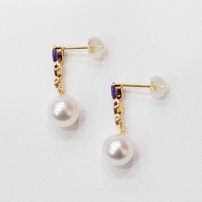 S085-499_あこや真珠 天草 ピアス 半貴石 7.5mm - 8mm ホワイトピンク 真珠