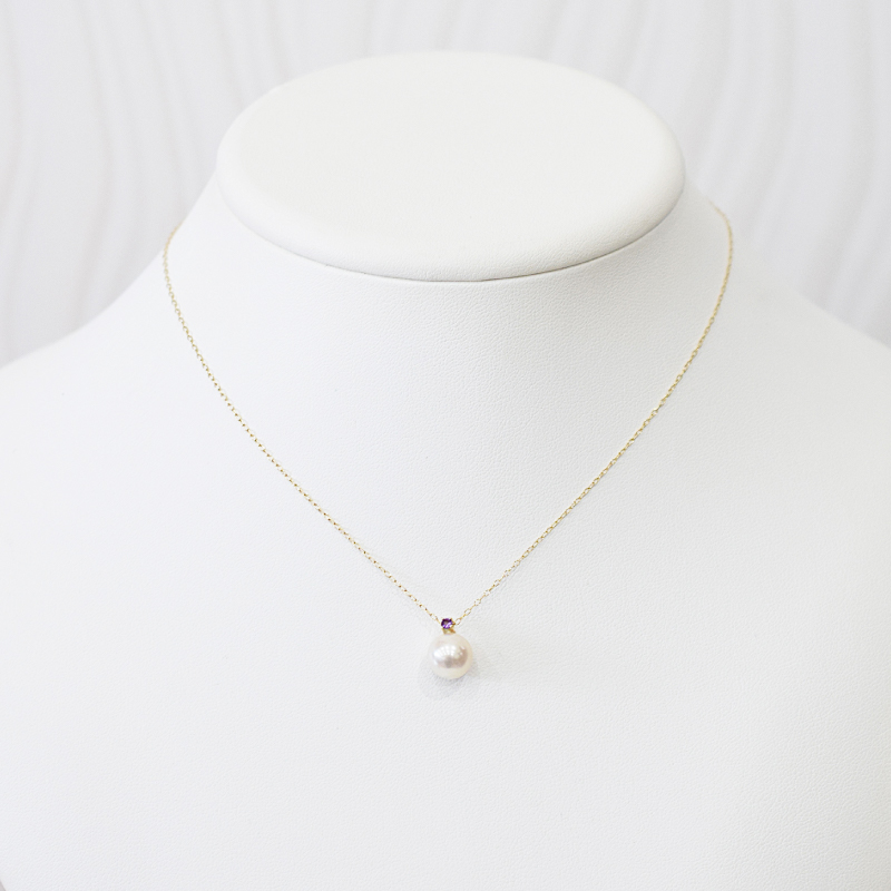 S085-538_あこや真珠 ペンダント ネックレス 8mm - 8.5mm K10 天草 熊本 ホワイトピンク 誕生石 2月 アメシスト 半貴石 本真珠
