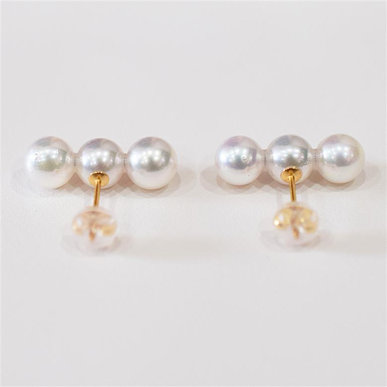 S085-581_あこや真珠 天草 ピアス 3連 6mm - 6.5mm ホワイトピンク 真珠