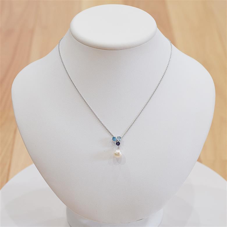 S101-399_あこや真珠 天草 ネックレス 9mm - 9.5mm ホワイトピンク 真珠 (半貴石  スカイブルートパーズ ブルートパーズ アイオライト)