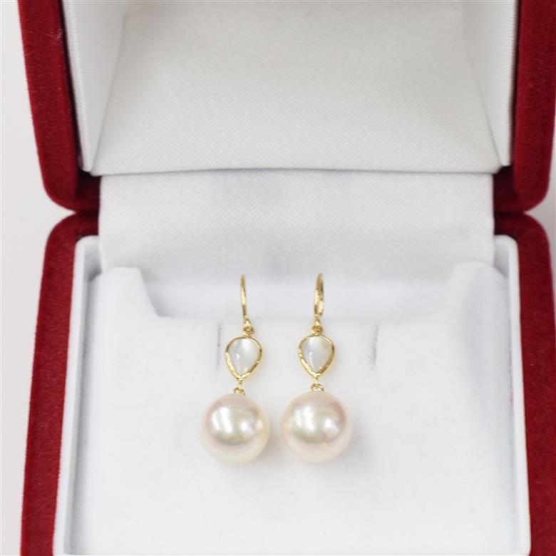 S101-417_あこや真珠 天草 ピアス シェル 8mm - 8.5mm ドロップ ホワイトピンク K18 K14 YG WG