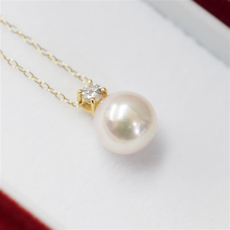 S101-438_あこや真珠 天草 ネックレス ダイヤモンド ペンダント 8mm - 8.5mm ホワイトピンク 0.1ct 0.09ct