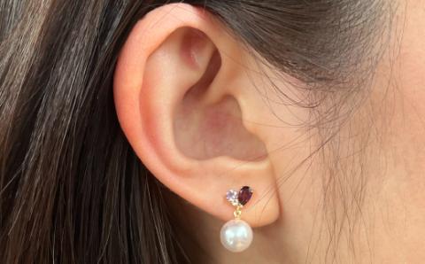 S085-300_7.5-8mm ロードライトガーネット アメジスト ホワイトトパーズ 半貴石 真珠 花珠級 スタッド ピアス 落ちない 揺れる ブラ 18k 18金 金 【K18YG】