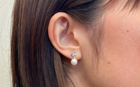 S085-301_7.5-8mm ブルートパーズ ライトアメジスト ホワイトトパーズ 半貴石 真珠 花珠級 スタッド ピアス 落ちない 揺れる ブラ 18k 18金 金 【K14WG】