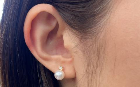 S085-307_7.5-8mm あこや真珠 スタッドピアス ピアス ホワイトピンク K18 ダイヤモンド 0.05ct 【K18YG】 K18YG