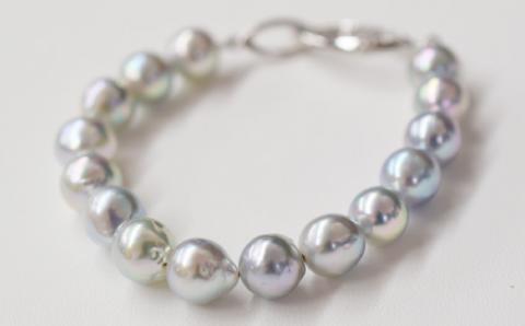 S101-059_天草産 9mm - 10mm ナチュラル ブルー バロック あこや真珠 パール ブレスレット