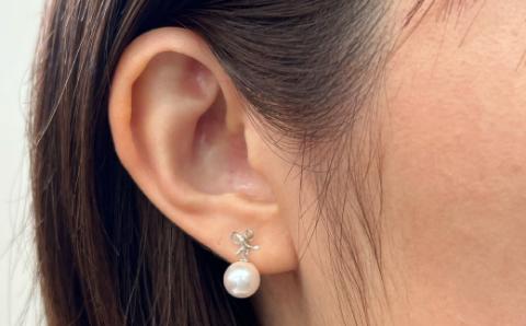 S101-285_7.5-8mm あこや真珠 りぼん リボン スタッドピアス ピアス ピンク 18金 【K14WG】 K14WG