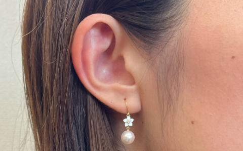 S101-292_7.5-8mm あこや真珠 シェル ピンクトルマリン ブルートパーズ フックピアス フラワー 花柄 半貴石 真珠 ピアス ホワイト ピンク 花珠級 【K18YG】 K18YG