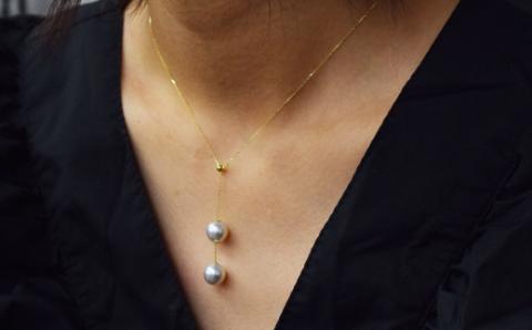 S101-327_天草産 9mm - 9.5mm Yスタイル ネックレス あこや真珠 ナチュラル 2連 K18 真多麻級 【A：K18YG】 K18YG