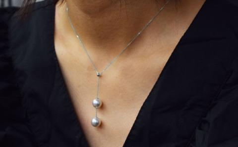 S101-328_天草産 9mm - 9.5mm Yスタイル ネックレス あこや真珠 ナチュラル 2連 K18 真多麻級 【B：K18WG】 K18WG