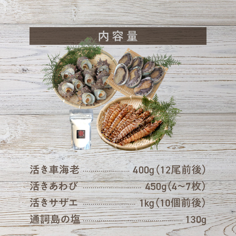 S002-004_蒼海セット(活き車海老・活きあわび・活きサザエ・天然塩)