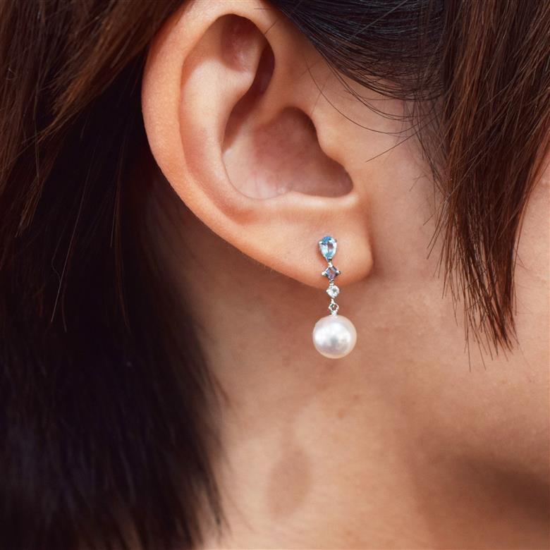 S085-498_あこや真珠 天草 ピアス 半貴石 7.5mm - 8mm ホワイトピンク 真珠