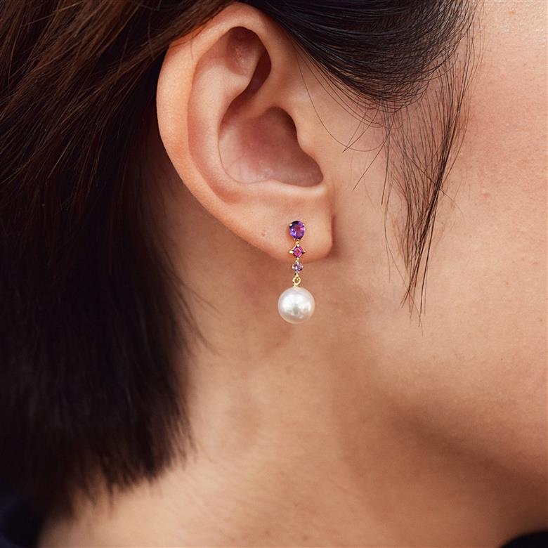 S085-499_あこや真珠 天草 ピアス 半貴石 7.5mm - 8mm ホワイトピンク 真珠