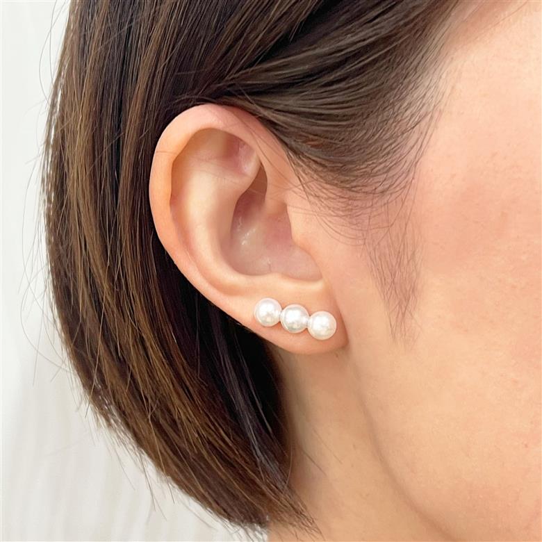 S085-581_あこや真珠 天草 ピアス 3連 6mm - 6.5mm ホワイトピンク 真珠