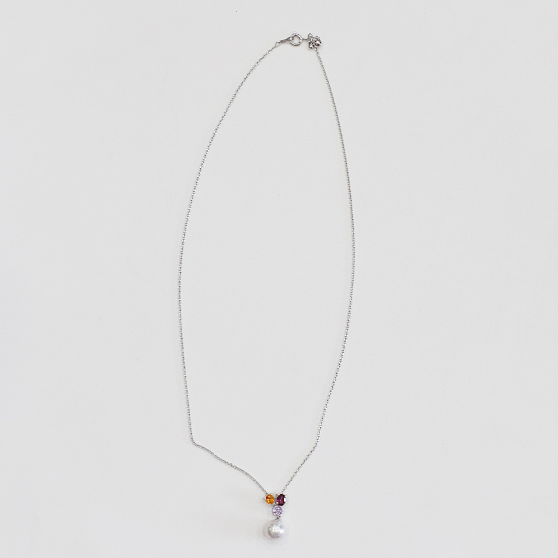 S101-398_あこや真珠 天草 ネックレス 9mm - 9.5mm ホワイトピンク 真珠 (半貴石 シトリン ロードライトガーネット ライトアメジスト)