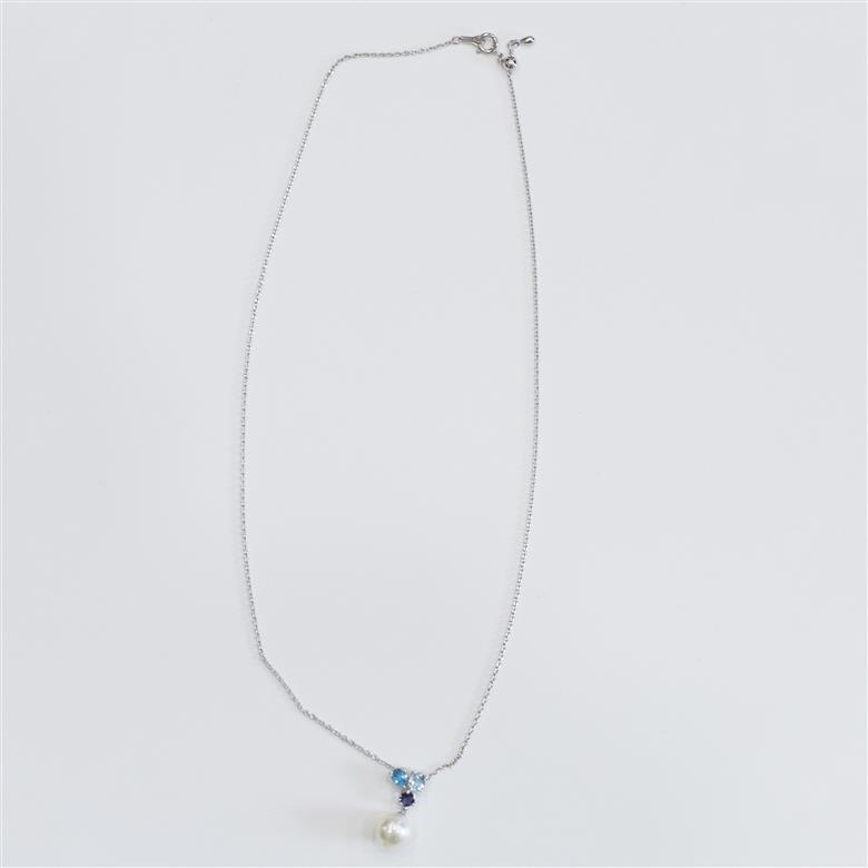 S101-399_あこや真珠 天草 ネックレス 9mm - 9.5mm ホワイトピンク 真珠 (半貴石  スカイブルートパーズ ブルートパーズ アイオライト)