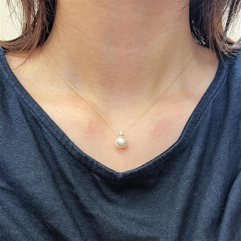 S101-438_あこや真珠 天草 ネックレス ダイヤモンド ペンダント 8mm - 8.5mm ホワイトピンク 0.1ct 0.09ct