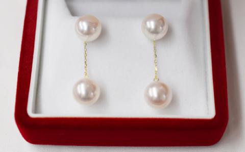 S085-224_天草産 スタッドピアス ダブルパール 7.5-8mm ピンク あこや真珠