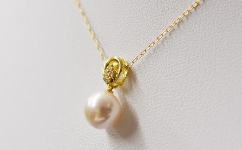 S101-264_天草産 9mm - 9.5mm ネックレス あこや真珠 ホワイトピンク ダイヤモンド 0.03ct K18 花珠級