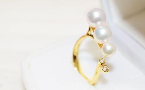 S101-208_天草産 あこや真珠とダイヤモンド リング ベビーパール 3連 3珠