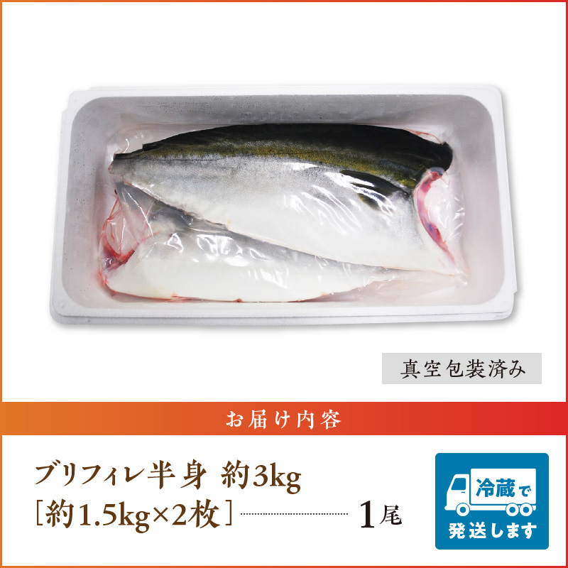 S042-001_ブリフィレ 半身 約3kg(約1.5kg×2枚)ぶり 鰤【先行予約】