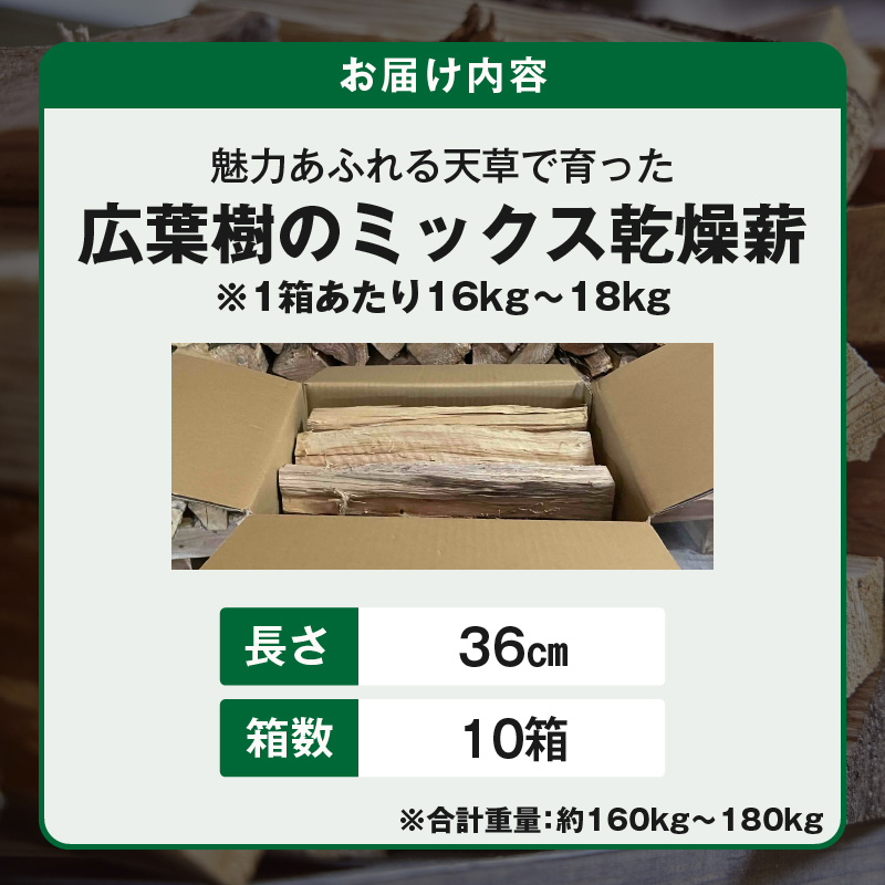 S163-013_魅力あふれる天草で育った広葉樹のミックス乾燥薪（36cm） 1箱（長さ36cm 16kg～18kg）×10箱