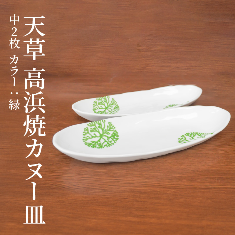 S026-053_天草 高浜焼カヌー皿 中2枚 計2枚入りセット（緑） 緑
