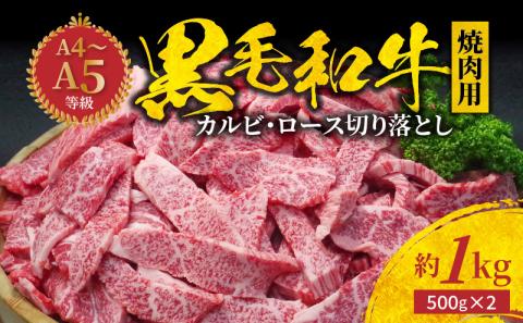 S001-024_黒毛和牛 焼肉 カルビ ロース 切り落とし 1kg 焼肉のたれ 1本付