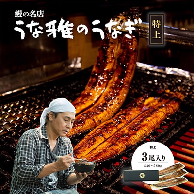 ヒロシのおすすめ!鰻の名店『うな雅』国産 手焼き 鰻【特上】かば焼き 3尾 540g～580g【配送不可地域：離島】