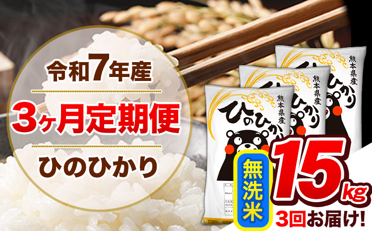 【3ヶ月定期便】令和7年産 定期便 無洗米 ひのひかり 15kg 《お申込み翌月から出荷》令和7年産 熊本県産｜人気米 熊本県産米 お米 生活応援米---hn7tei_103500_15kg_mo3_gkt_m---