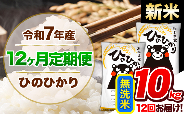 【12ヶ月定期便】新米 令和7年産 定期便 無洗米 ひのひかり 10kg 《お申込み翌月から出荷》令和7年産 熊本県産｜人気米 熊本県産米 お米 生活応援米---hn7tei_276000_10kg_mo12_gkt_m---