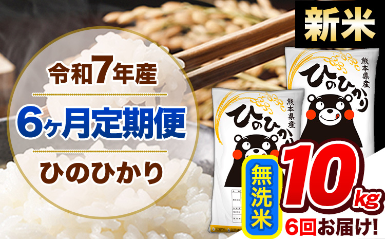 【6ヶ月定期便】新米 令和7年産 定期便 無洗米 ひのひかり 10kg 《お申込み翌月から出荷》令和7年産 熊本県産｜人気米 熊本県産米 お米 生活応援米---hn7tei_138000_10kg_mo6_gkt_m---