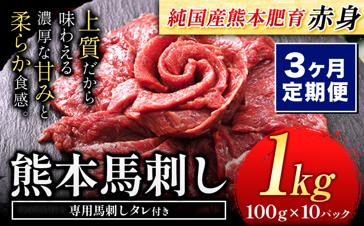 [3ヶ月定期便]馬刺し 赤身 馬刺し 1kg [純 国産 熊本 肥育] たっぷり タレ付き 生食用 冷凍[お申込み月の翌月から出荷開始]送料無料 国産 絶品 馬肉 肉 ギフト 定期便 熊本県 玉名郡 玉東町---gkt_fjst10tei_24_81000_mo3---