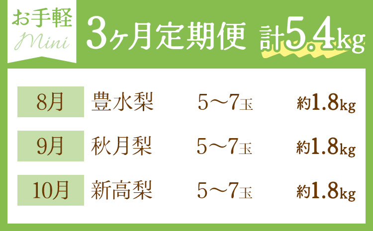 【3ヶ月定期便】梨 定期便 秀品 3ヶ月連続 梨の定期便 ミニ 計5.4kg 日本フルーツ株式会社《8月上旬-10月末頃出荷》熊本県 長洲町 なし ナシ 豊水梨 秋月梨 新高梨 果物 フルーツ---sn_cnfzntei_29500_mini_aug3---