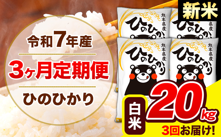 新米 令和7年産 ひのひかり 【3ヶ月定期便】 白米  20kg (5kg×4袋) 計3回お届け 《お申込み翌月から出荷》 熊本県産 白米 精米 ひの 米 こめ お米 熊本県 長洲町---hn7tei_145500_20kg_mo3_ng_h---