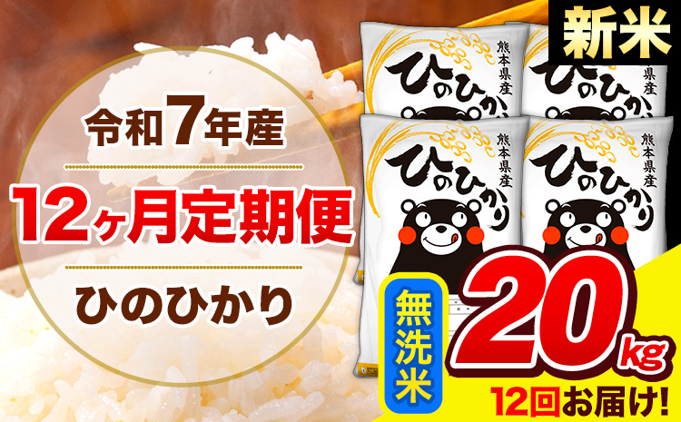 新米 令和7年産 ひのひかり【12ヶ月定期便】無洗米  20kg (5kg×4袋) 計12回お届け 《お申込み翌月から出荷》 熊本県産 無洗米 精米 ひの 米 こめ お米 熊本県 長洲町---hn7tei_582000_20kg_mo12_ng_m---
