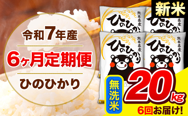 新米 令和7年産 ひのひかり【6ヶ月定期便】無洗米  20kg (5kg×4袋) 計6回お届け 《お申込み翌月から出荷》 熊本県産 無洗米 精米 ひの 米 こめ お米 熊本県 長洲町---hn7tei_291000_20kg_mo6_ng_m---